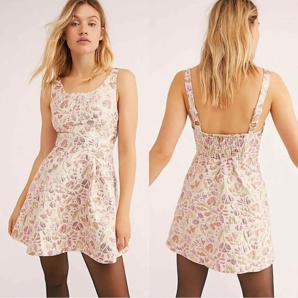 NWT FREE PEOPLE A-line Jacquard Metallic Floral Mini Dress Small - Picture 1 of 6